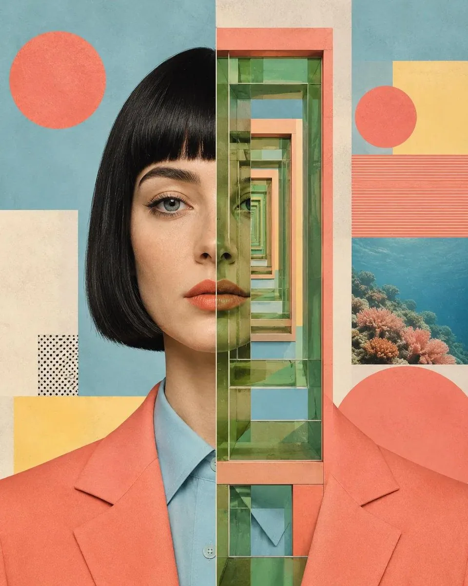 Create a contemporary editorial collage portrait that seamlessly merges fashion photography with modern geome… - AI提示词参考图，来自西西提示词