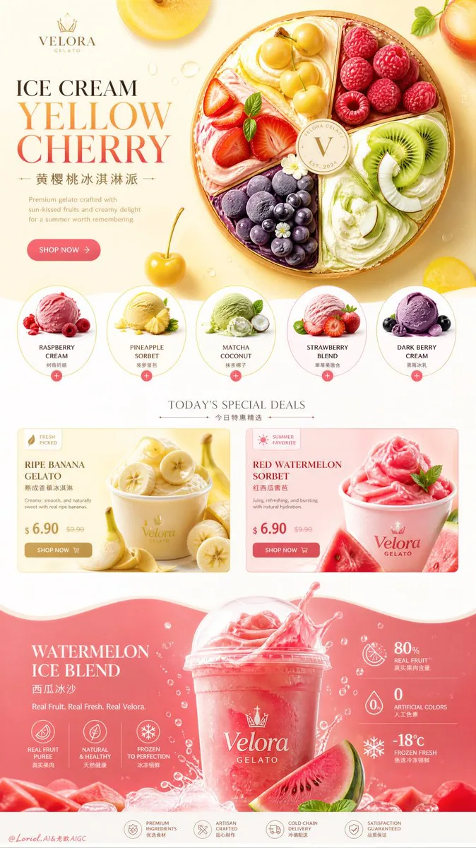 Create an ultra-premium ice cream brand e-commerce detail-page sales poster that merges Cream Halo Transit fl… - AI提示词参考图，来自西西提示词