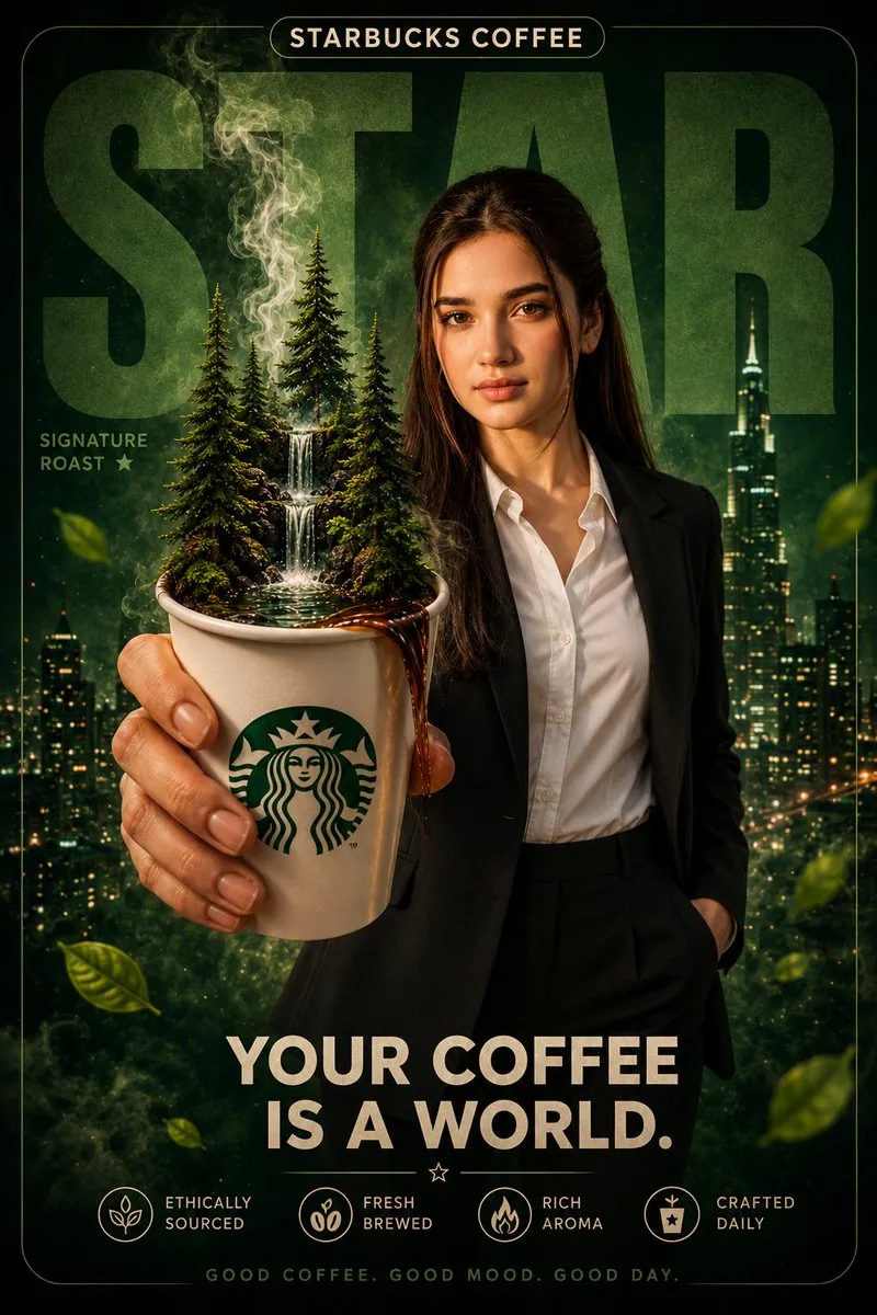 A premium cinematic Starbucks-style coffee advertising poster, featuring a confident young businesswoman in a… - AI提示词参考图，来自西西提示词