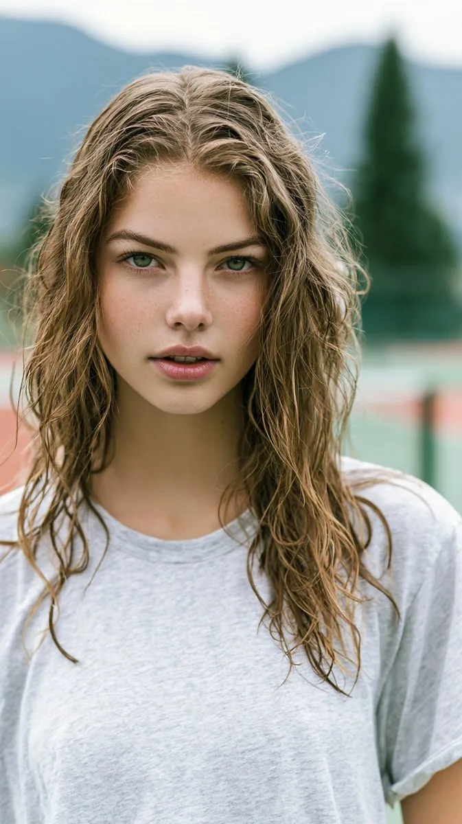 A photorealistic portrait of a stunning young woman on a tennis court. Her wet, wavy hair, light natural make… - AI提示词参考图，来自西西提示词