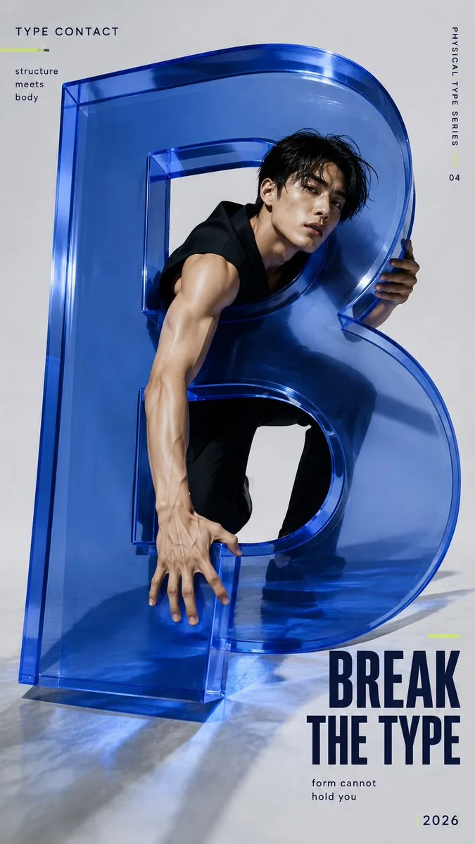 Create a 9:16 high-fashion editorial poster where one person physically interacts with a monumental 3D letter… - AI提示词参考图，来自西西提示词