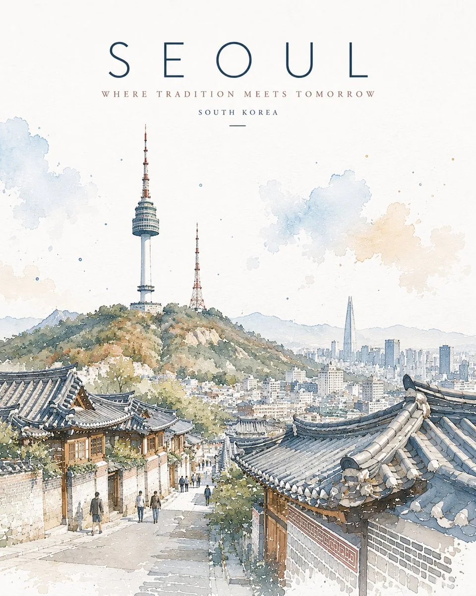 Minimalist watercolor travel poster illustration of [Location], elegant architectural sketch with expressive … - AI提示词参考图，来自西西提示词