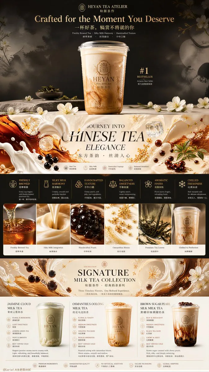 Create an ultra-premium Amazon bestseller homepage style milk tea product detail poster that strictly preserv… - AI提示词参考图，来自西西提示词