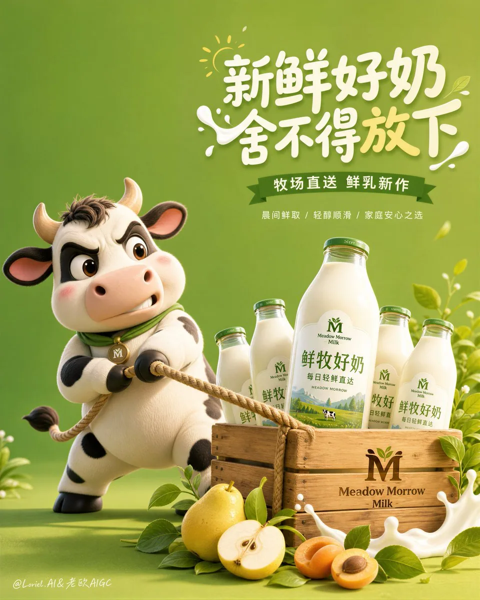 Create a premium flagship Amazon-style hero sales poster for a self-created fresh milk brand, strictly preser… - AI提示词参考图，来自西西提示词