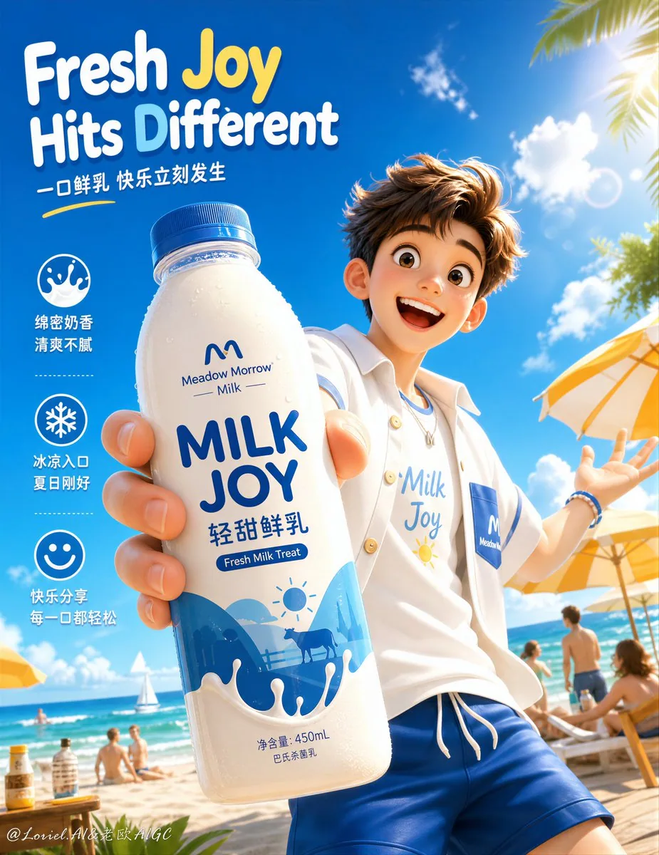 Create a premium flagship Amazon-style hero sales poster for a self-created fresh milk brand, strictly preser… - AI提示词参考图，来自西西提示词