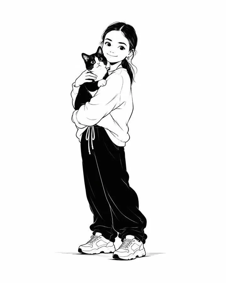 Minimalistic black and white editorial illustration of a character from an attached photo on a pure white bac… - AI提示词参考图，来自西西提示词