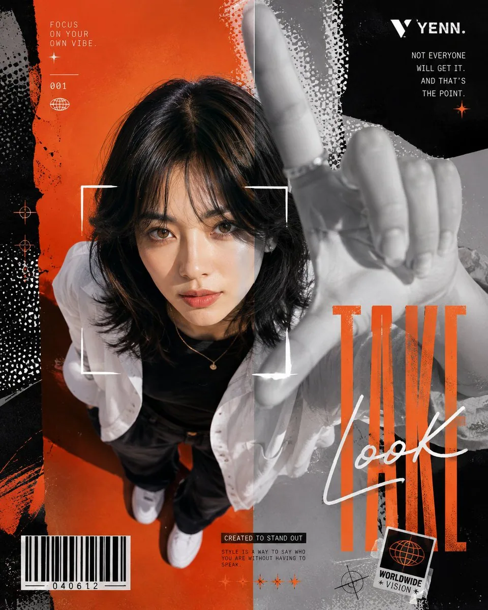 A modern editorial fashion poster in a bold Y2K streetwear graphic design style. A young woman with a short b… - AI提示词参考图，来自西西提示词