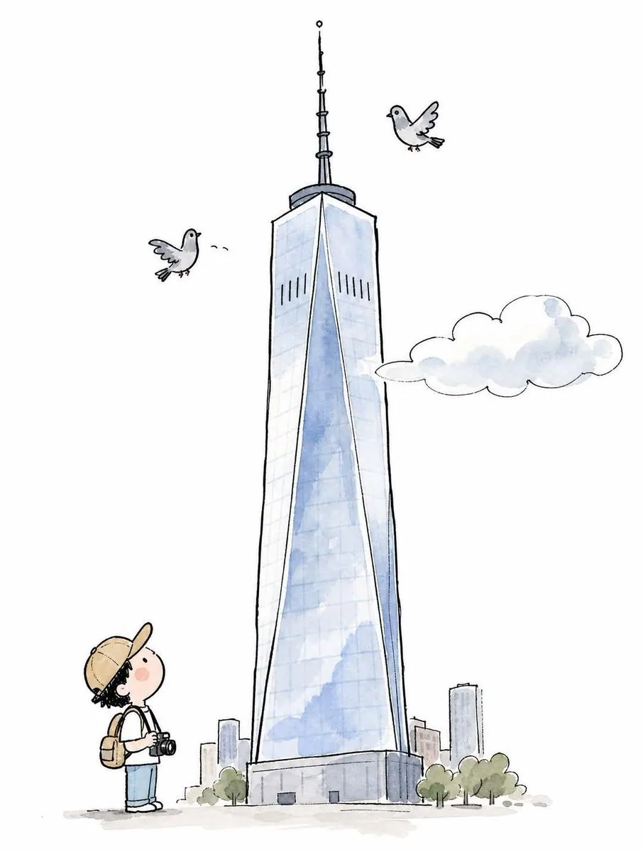 A minimalist hand-drawn doodle illustration of [ICONIC LANDMARK] rising tall and slightly crooked in the cent… - AI提示词参考图，来自西西提示词