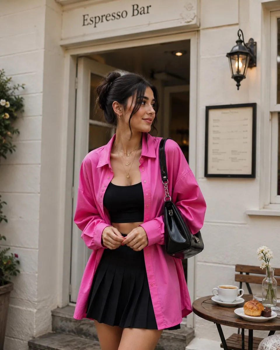 A fashionable young woman stands casually outside an elegant boutique coffee house, dressed in an oversized v… - AI提示词参考图，来自西西提示词