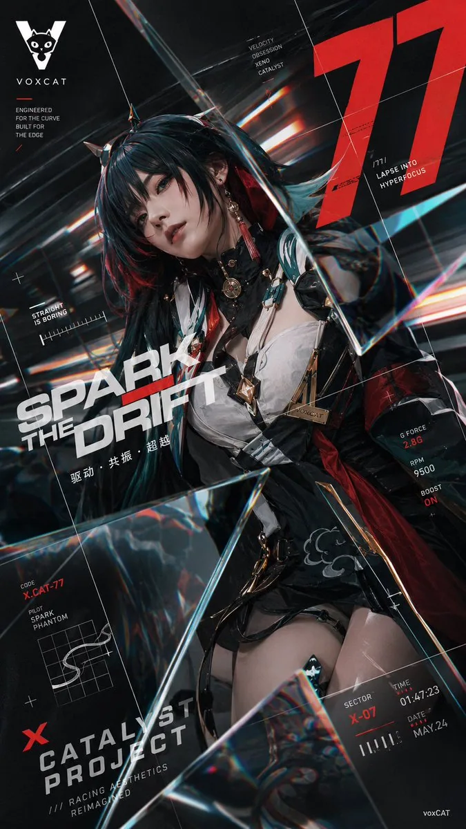 9:16 竖版实验赛车海报，以[Character Name]为主体，将角色设计为成年真人 COS 赛车驾驶员。完整保留角色原有的发型、配色、瞳色、饰品、能力符号与服装识别特征，将服装重新设计为贴身赛车服、装甲夹克、皮… - AI提示词参考图，来自西西提示词