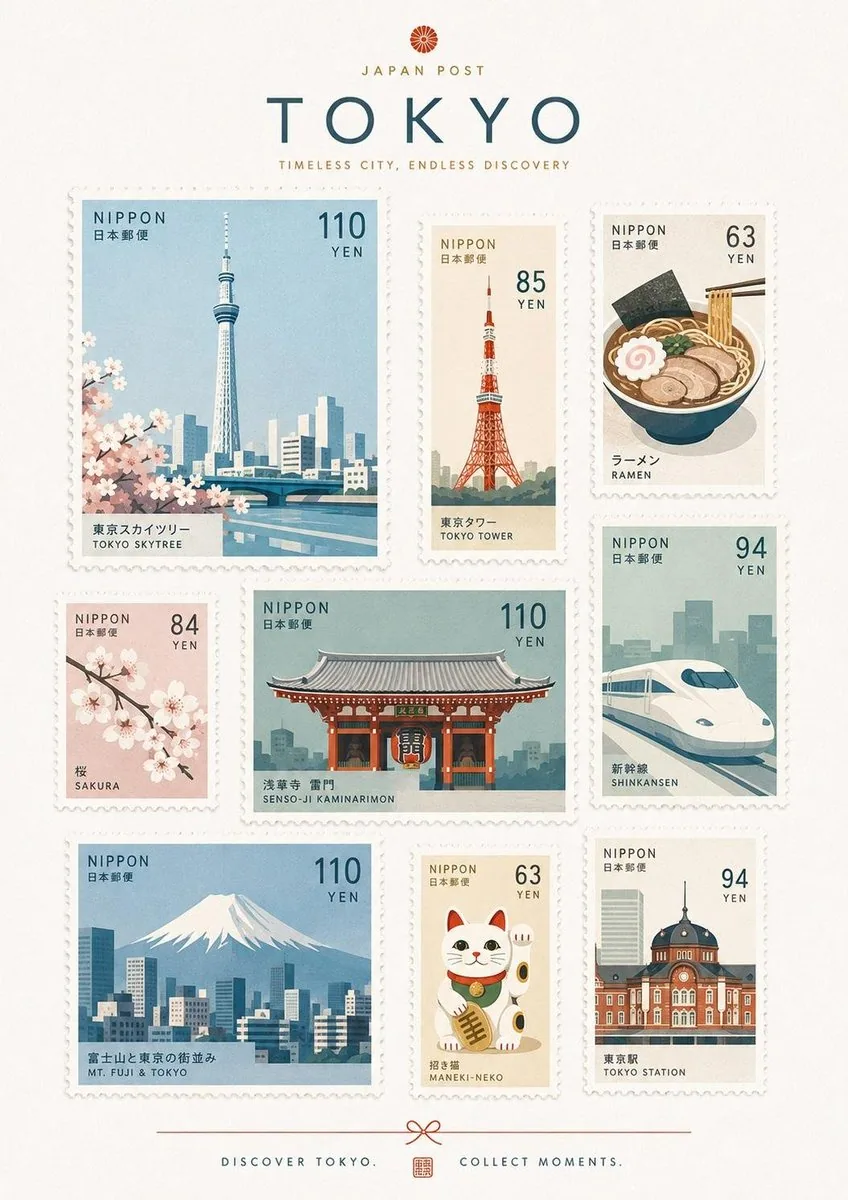Create a premium commemorative postage-stamp collection inspired by [Destination], presented as a beautifully… - AI提示词参考图，来自西西提示词