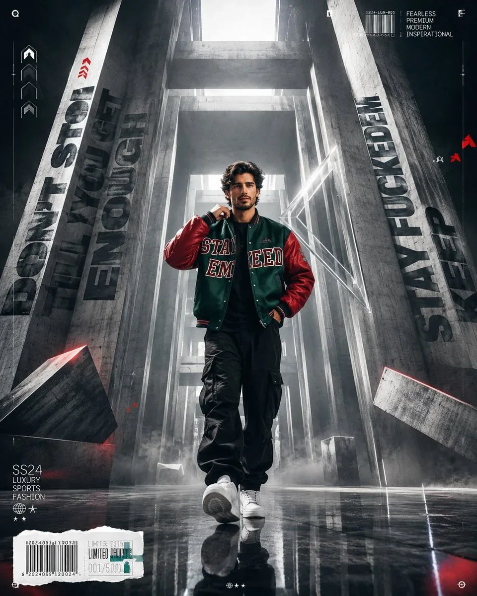 A premium 4:5 luxury sports-fashion editorial advertising poster. Main Subject: A determined young male model… - AI提示词参考图，来自西西提示词