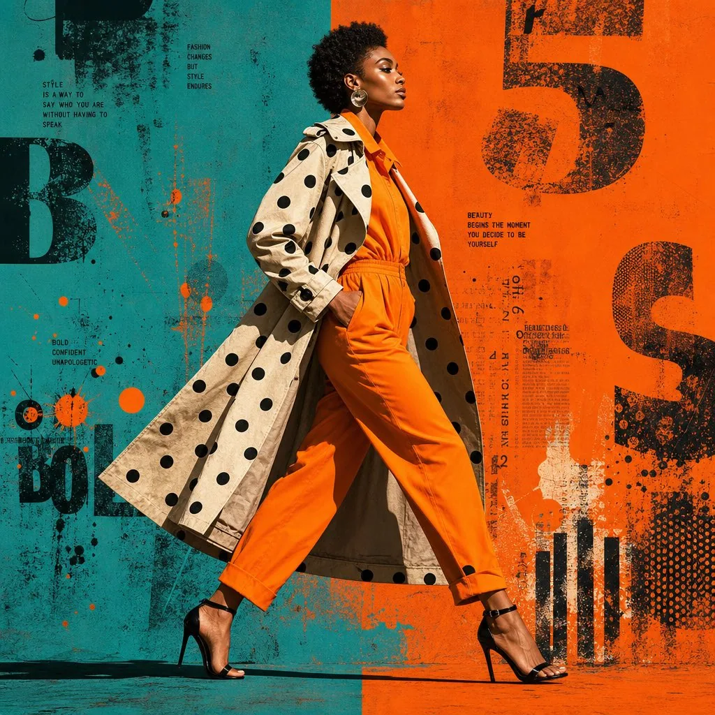 A stylish woman with a short, textured afro strides confidently in profile, wearing a structured trench coat … - AI提示词参考图，来自西西提示词