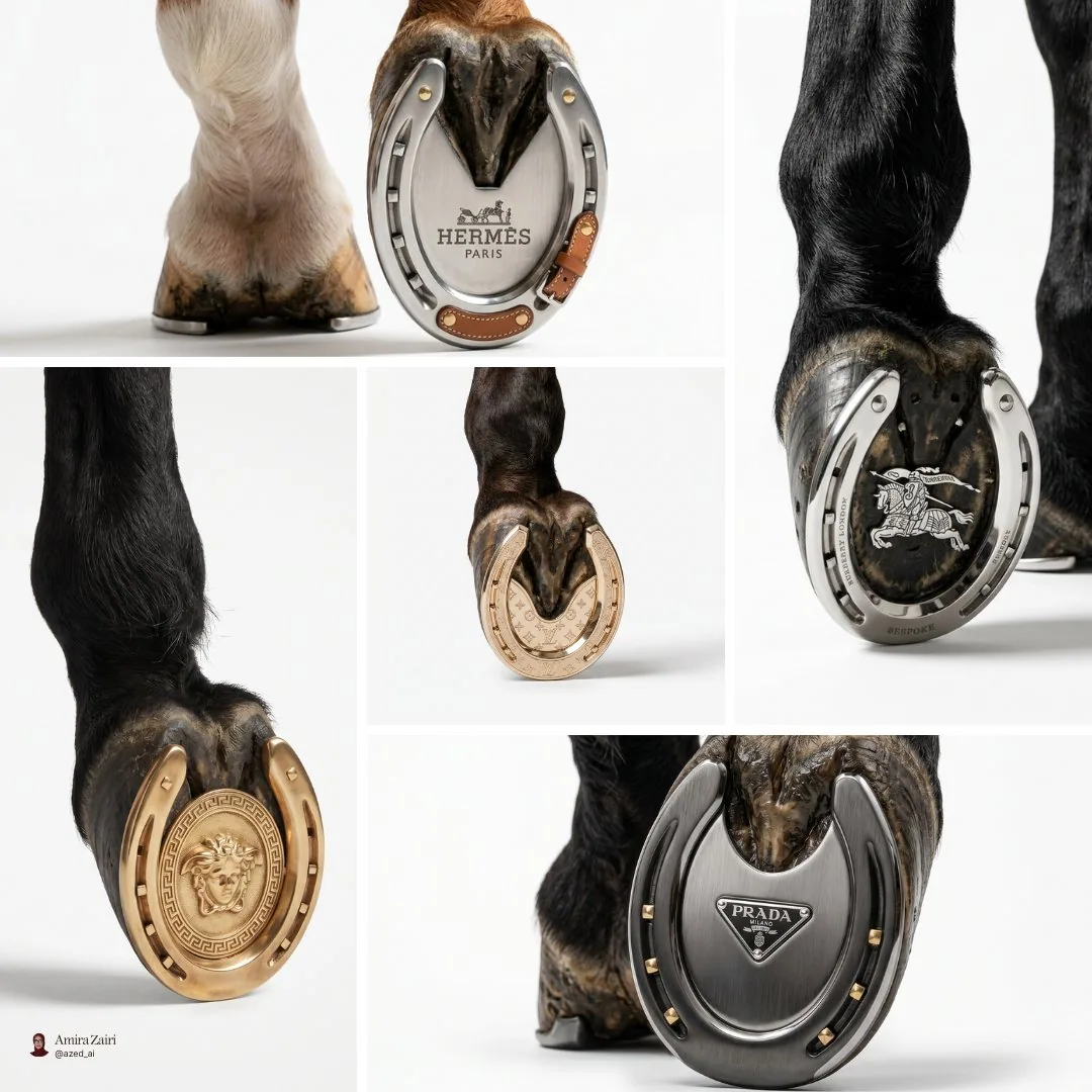 Create an ultra-detailed hyper-realistic surreal editorial photograph of a horse leg fitted with a bespoke lu… - AI提示词参考图，来自西西提示词