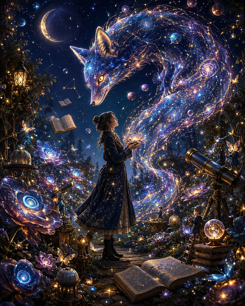 Create an ultra-cinematic fantasy masterpiece in portrait (4:5). An enchanted astronomical garden beneath a b… - AI提示词参考图，来自西西提示词