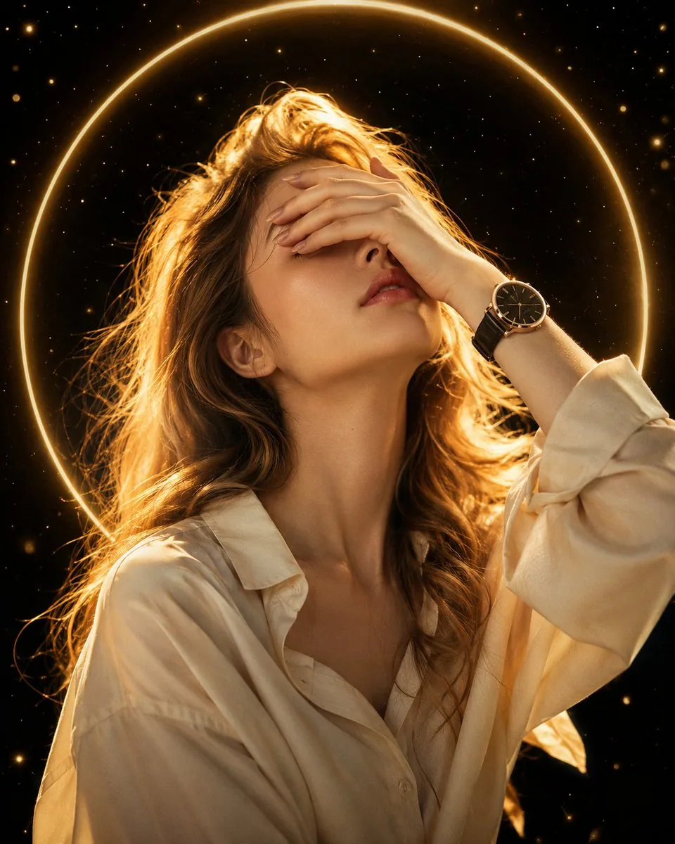 A dreamy cinematic portrait of a beautiful young woman with long, wavy golden-blonde hair, wearing a cream-be… - AI提示词参考图，来自西西提示词