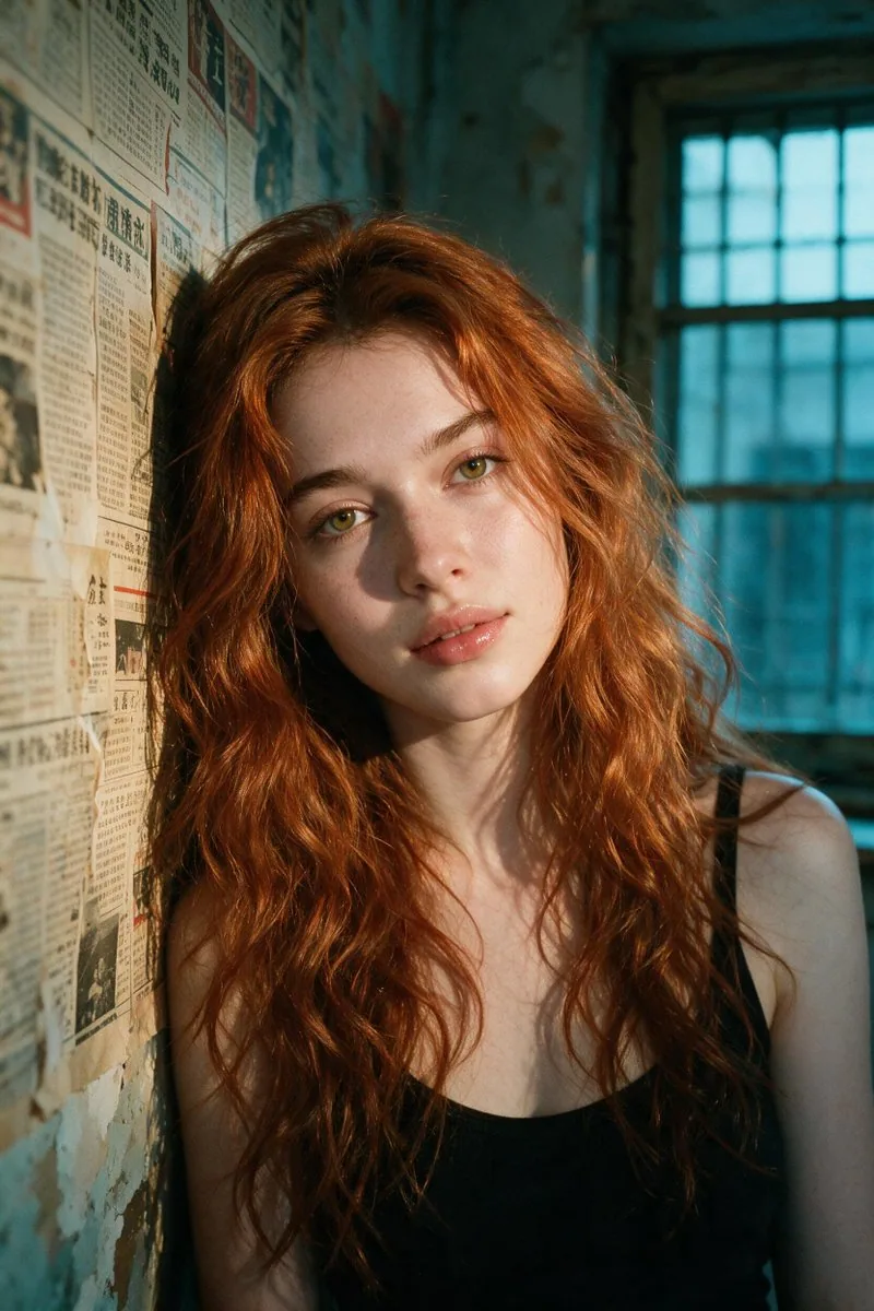 Portrait of a young woman with long tousled copper-red wavy hair falling loosely across her face and shoulder… - AI提示词参考图，来自西西提示词
