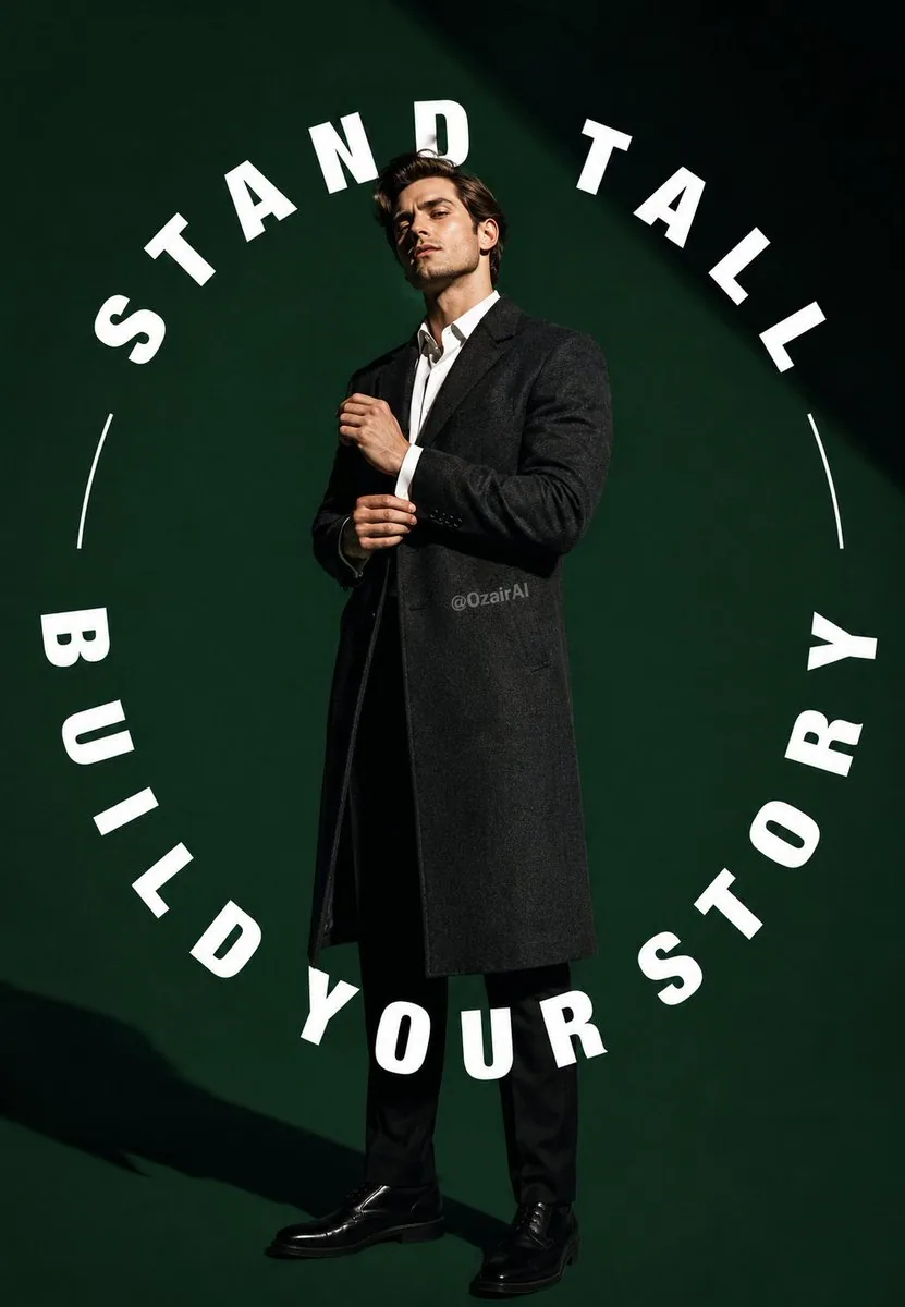 Full-body studio shot of an American white man with sharp jawline and defined facial features, wearing a tail… - AI提示词参考图，来自西西提示词