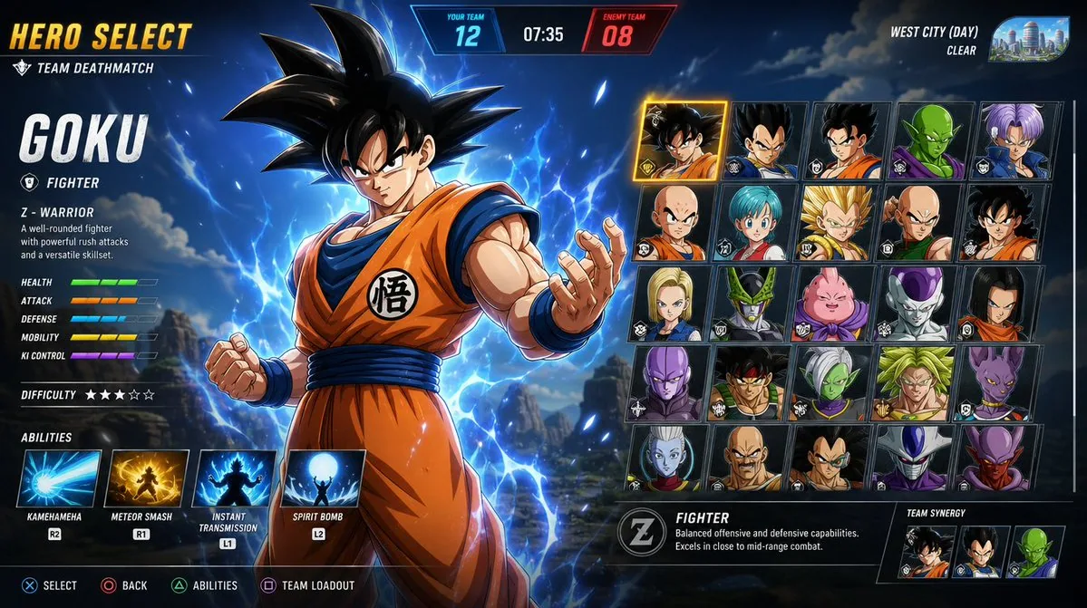 Create a premium hero-selection interface for a fast-paced team-based hero shooter set in the Dragon Ball Z u… - AI提示词参考图，来自西西提示词