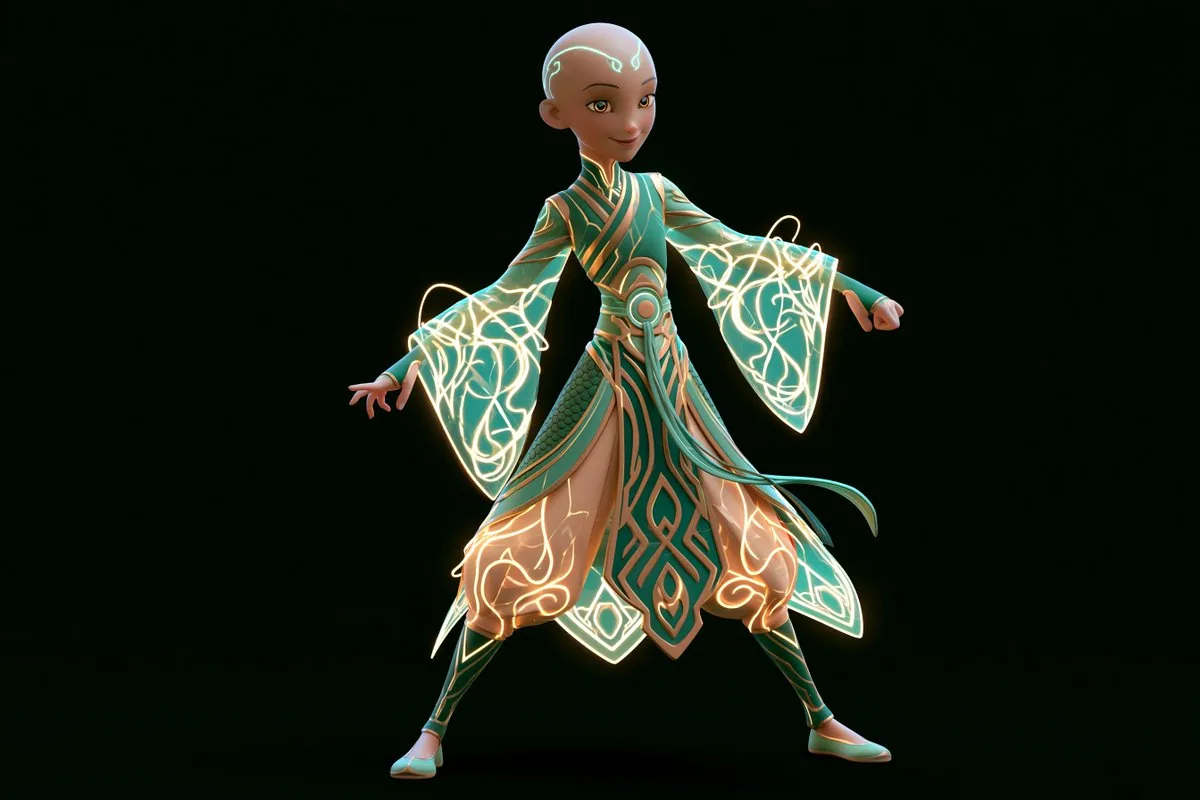[Character], Pixar-inspired 3D animation style, full-body shot, centered on a pure black background. Futurist… - AI提示词参考图，来自西西提示词