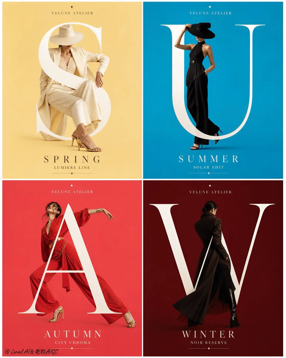 Create an ultra-premium 2x2 poster campaign board for a fictional contemporary movement-theater brand, design… - AI提示词参考图，来自西西提示词