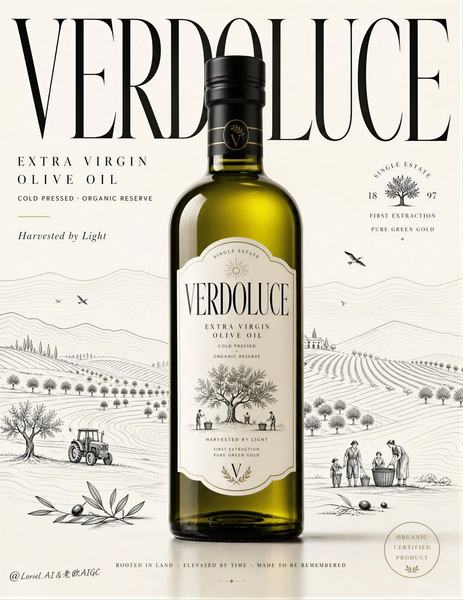 Create an ultra-premium poster advertisement for a fictional olive oil brand called “VERDOLUCE”, designed as … - AI提示词参考图，来自西西提示词