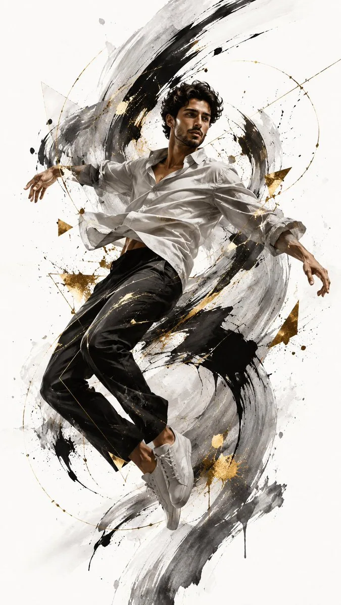 Create a high-fashion editorial fashion poster featuring a young male model captured in a dynamic, weightless… - AI提示词参考图，来自西西提示词