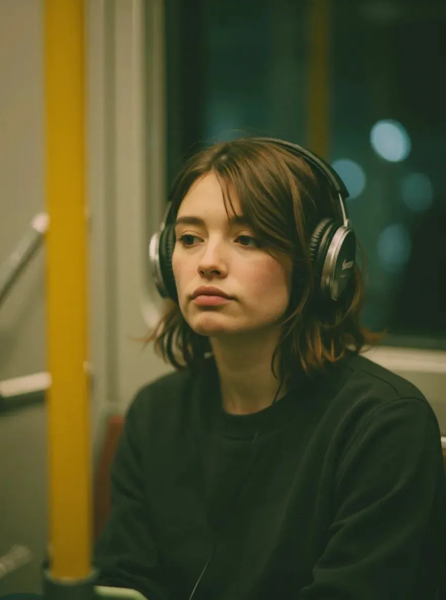 Photorealistic cinematic portrait of a young woman sitting inside a recording studio or radio booth, wearing … - AI提示词参考图，来自西西提示词
