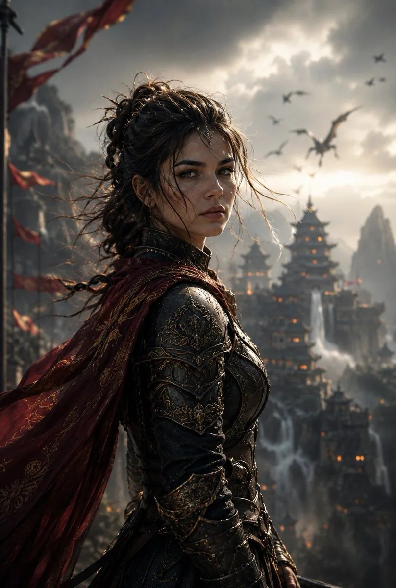 Create a spectacular cinematic fantasy portrait of an elite female guardian standing high above a legendary k… - AI提示词参考图，来自西西提示词