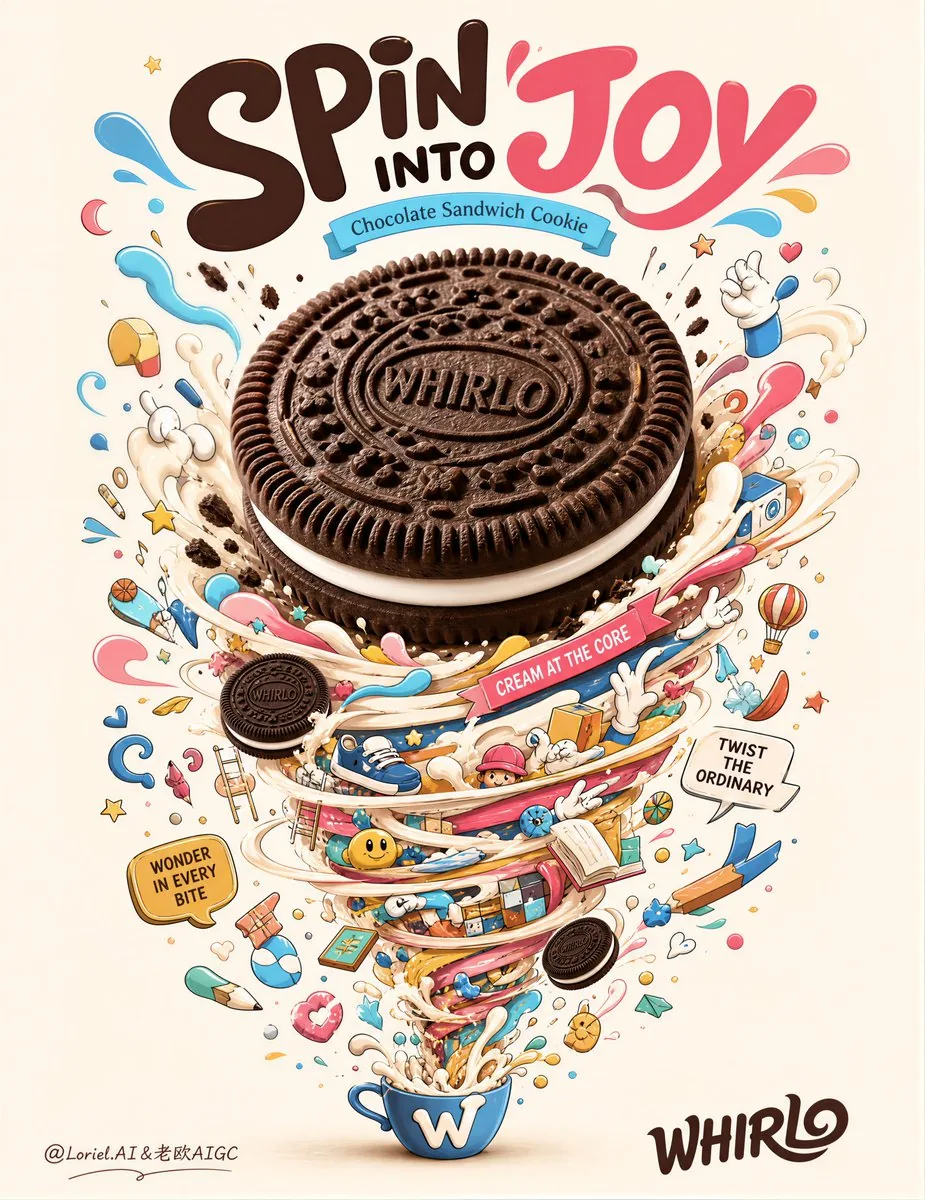 Create an ultra-premium advertising poster for a fictional chocolate sandwich cookie brand called “WHIRLO”, d… - AI提示词参考图，来自西西提示词
