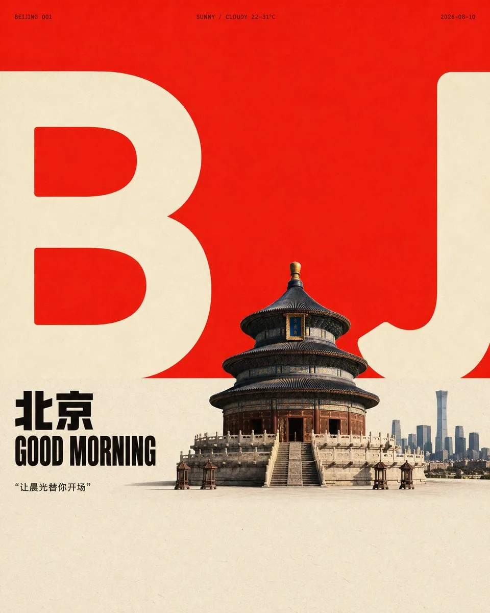 围绕任意主题对象生成具有平面海报秩序与真实焦点形象的设计：先以一块占据上部的大面积鲜明高明度色场建立开阔留白，再在下部接入一块近乎等量、低饱和的浅色纸面区域，形成干净明确的水平色域交界；让主题的核心形态被转译成两组超大… - AI提示词参考图，来自西西提示词
