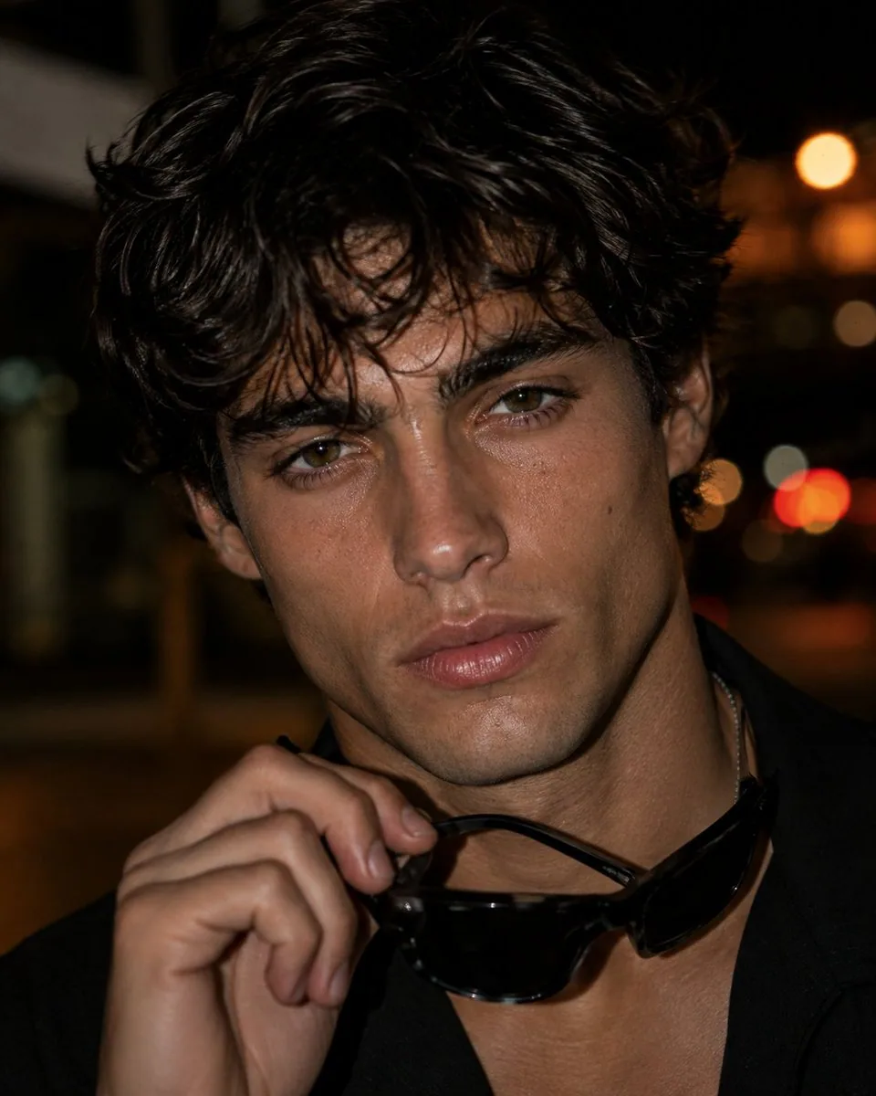 Photorealistic close-up editorial portrait of a young adult man with short, tousled dark brown hair, natural … - AI提示词参考图，来自西西提示词