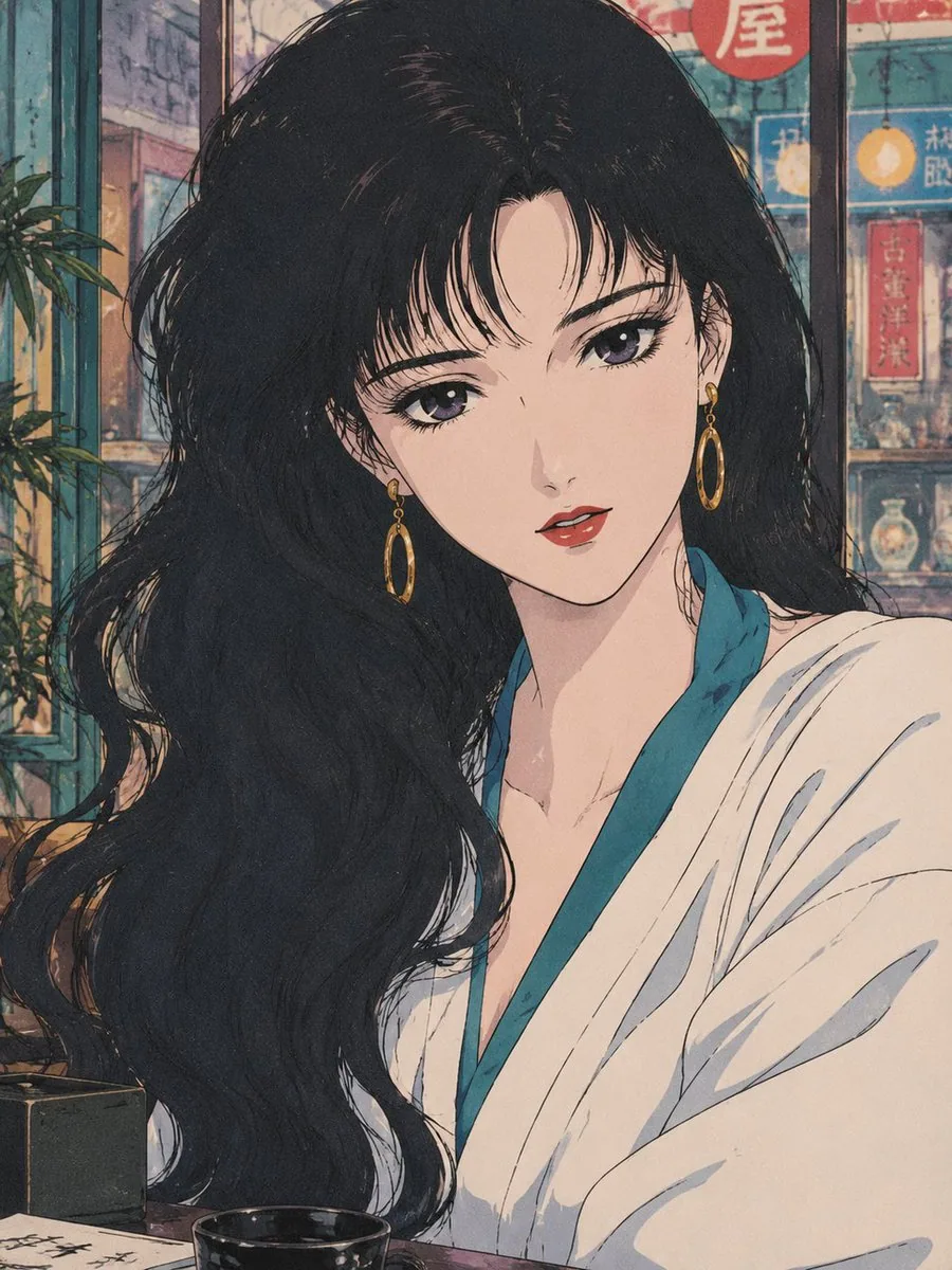 画幅比例：3:4。复古少女漫画彩色插画，接近1980至1990年代传统赛璐璐动画与旧式漫画彩页的优雅梦幻气质；采用闭合但略带手绘感的深色线稿、平面固有色和1至2层清晰硬边阴影，局部仅保留小范围腮红与高光，不使用大面积连… - AI提示词参考图，来自西西提示词
