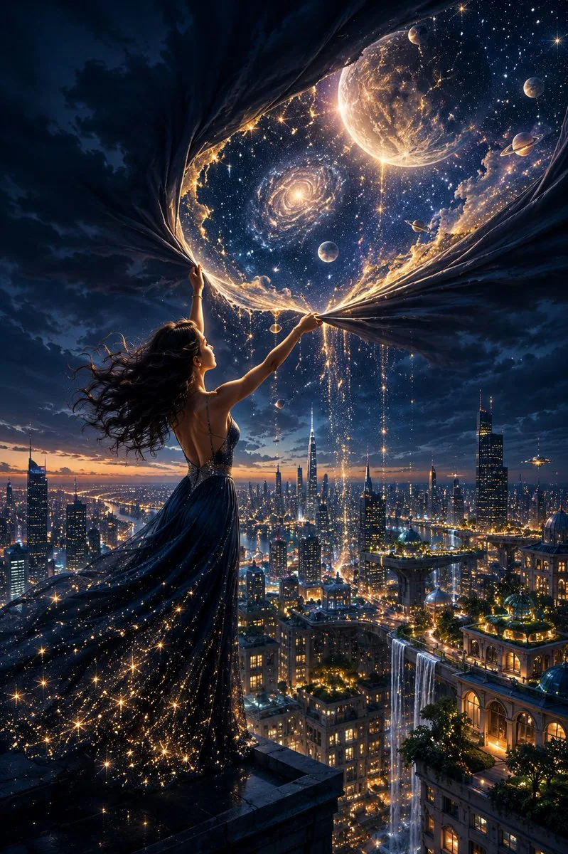 A breathtaking cinematic fantasy portrait of a beautiful woman standing on the edge of a skyscraper above a v… - AI提示词参考图，来自西西提示词