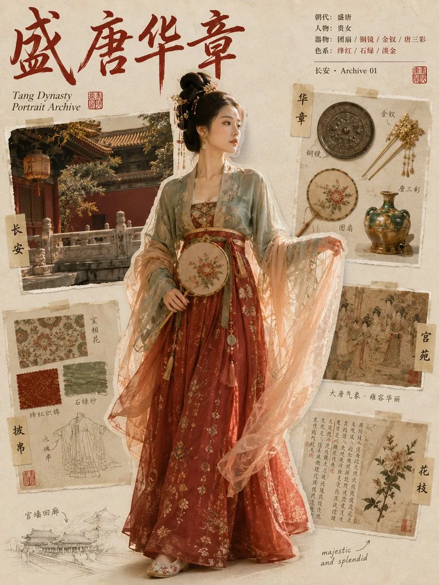 朝代：【朝代】 人物身份：【人物身份】 代表服饰：【代表服饰】 器物：【器物】 场景：【场景】 文化元素 / 纹样：【文化元素 / 纹样】 主色调：【主色调】 中文标题：【中文标题】 英文副标题：【英文副标题】 生成一… - AI提示词参考图，来自西西提示词