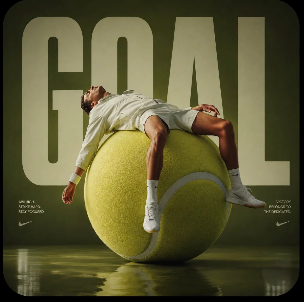 Avant-garde sports fashion, advertising, a huge tennis ball set up like a monumental sculpture, a male athlet… - AI提示词参考图，来自西西提示词