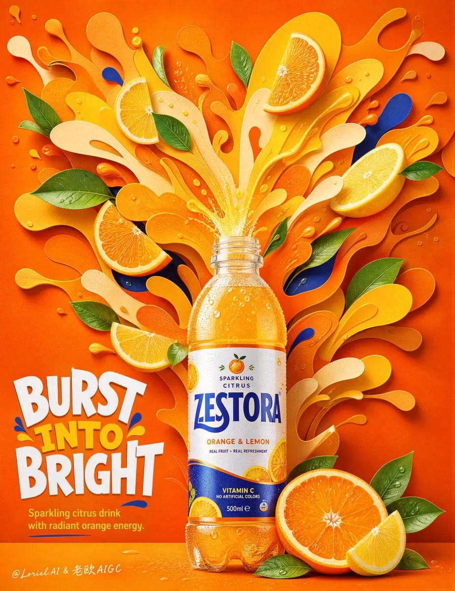 Create an ultra-premium commercial poster for an original beverage brand called ZESTORA, designed as a Cannes… - AI提示词参考图，来自西西提示词