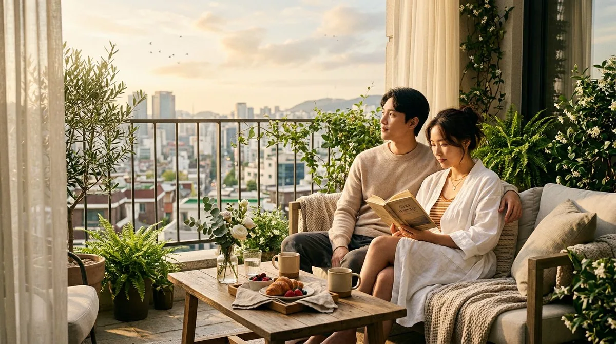 Sunday Morning — Quiet Luxury Ultra-realistic cinematic Sunday morning scene, Asian young couple relaxing on … - AI提示词参考图，来自西西提示词