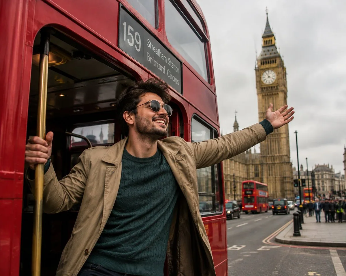 A highly realistic cinematic travel photograph of a cheerful young man with a unique face enjoying the view f… - AI提示词参考图，来自西西提示词
