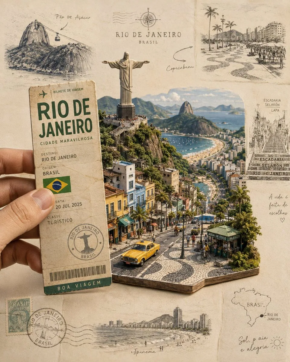 Create a highly detailed, photorealistic miniature travel-poster diorama inspired by Rio de Janeiro, arranged… - AI提示词参考图，来自西西提示词