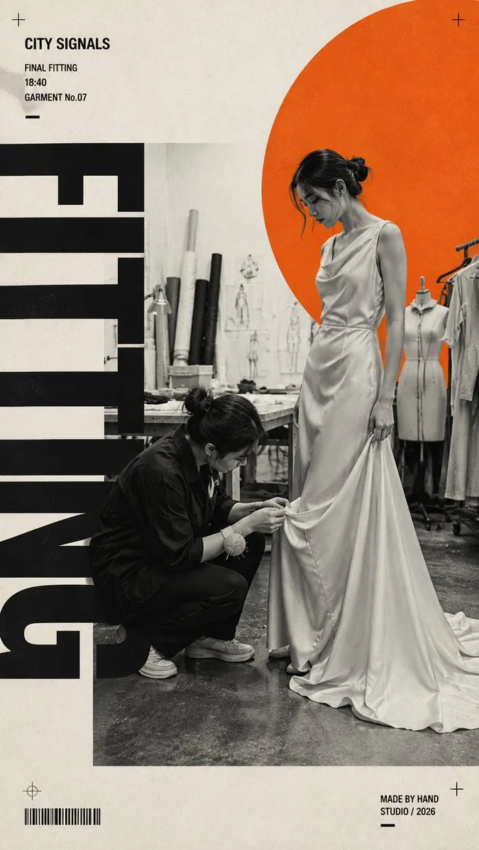 Create a 9:16 fashion editorial poster built around a real dressing-room moment. Scene: [Scene] Fashion actio… - AI提示词参考图，来自西西提示词