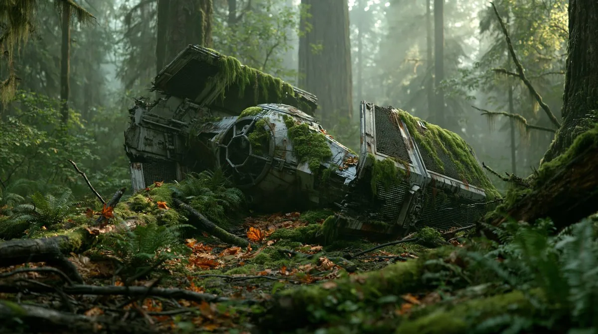 A photorealistic shot of an abandoned, heavily rusted Star Wars TIE fighter crashed in a dense, misty old-gro… - AI提示词参考图，来自西西提示词