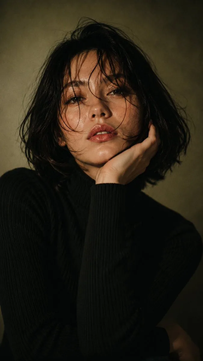 Ultra-realistic cinematic portrait of a beautiful young woman with short messy dark bob hair, loose windblown… - AI提示词参考图，来自西西提示词