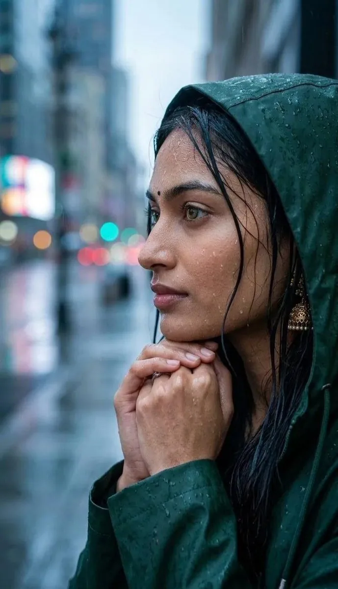 A close-up profile portrait of a young South Asian woman standing in the rain on a busy city street, wearing … - AI提示词参考图，来自西西提示词