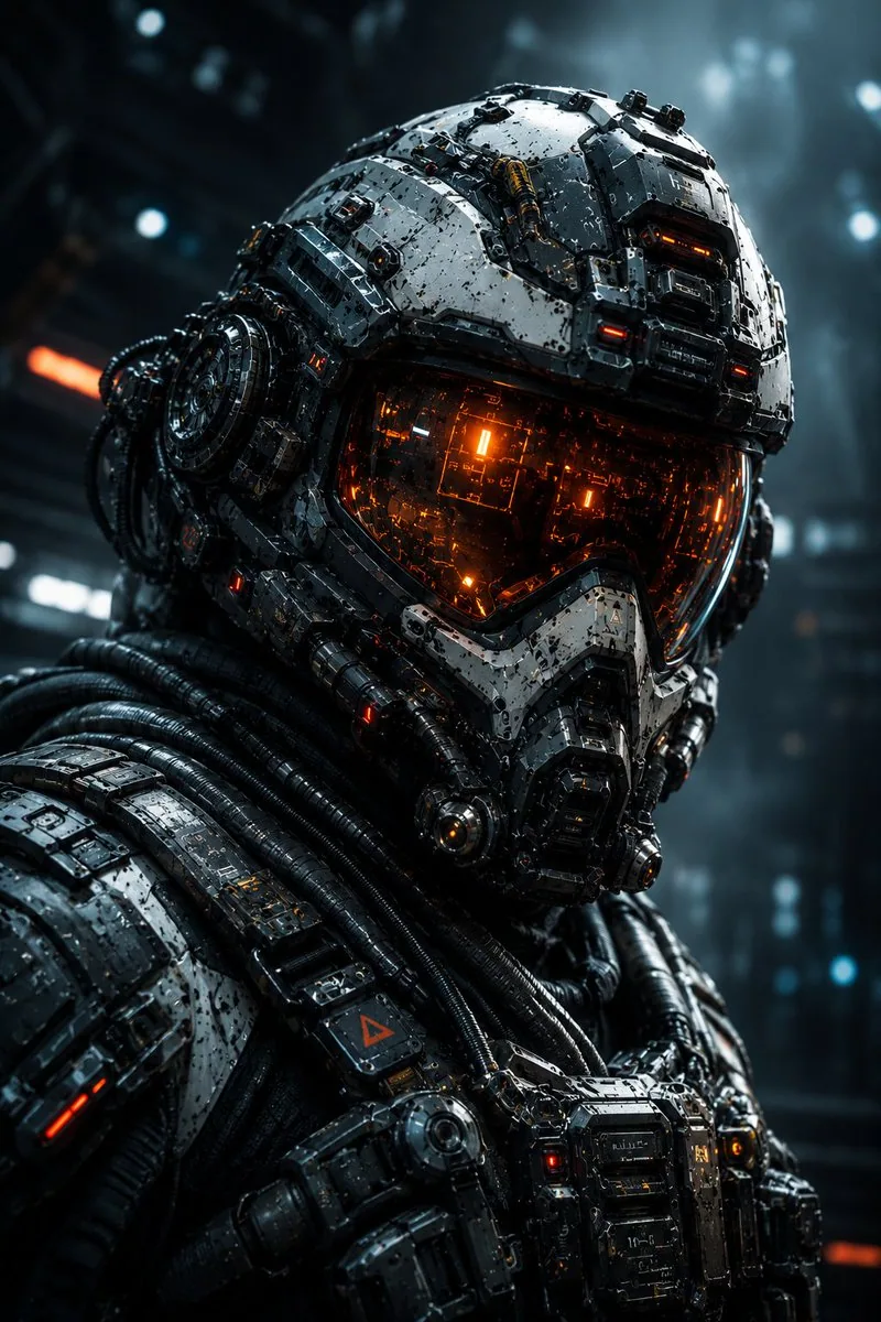 Create an ultra-detailed vertical 2:3 cinematic portrait of a futuristic tactical cybernetic soldier, closely… - AI提示词参考图，来自西西提示词