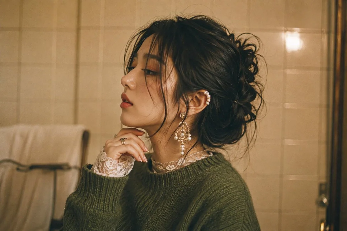 Side-profile medium shot of a young East Asian woman with messy dark hair tied in a loose textured updo with … - AI提示词参考图，来自西西提示词