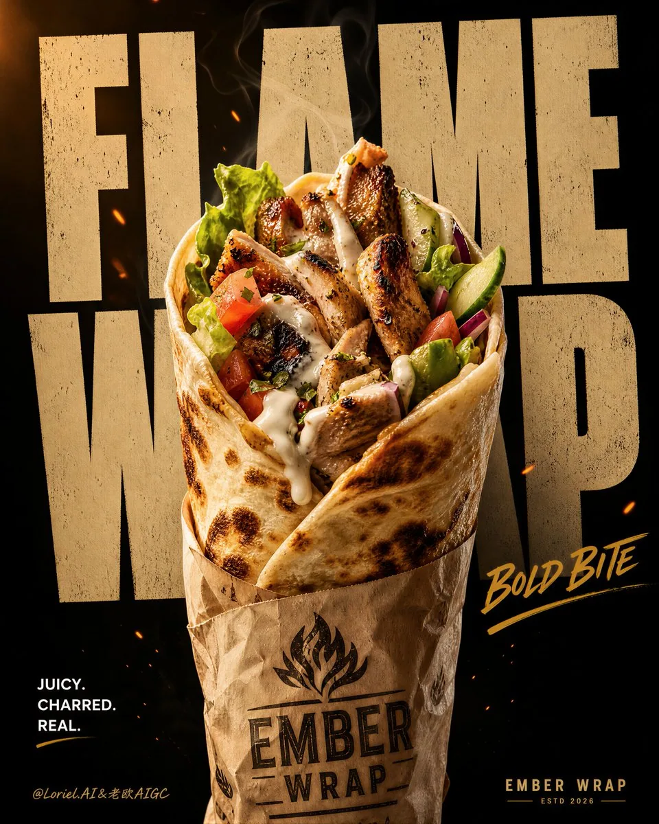 Create a premium street-food advertising poster for a fictional gourmet shawarma brand called "EMBER WRAP", f… - AI提示词参考图，来自西西提示词