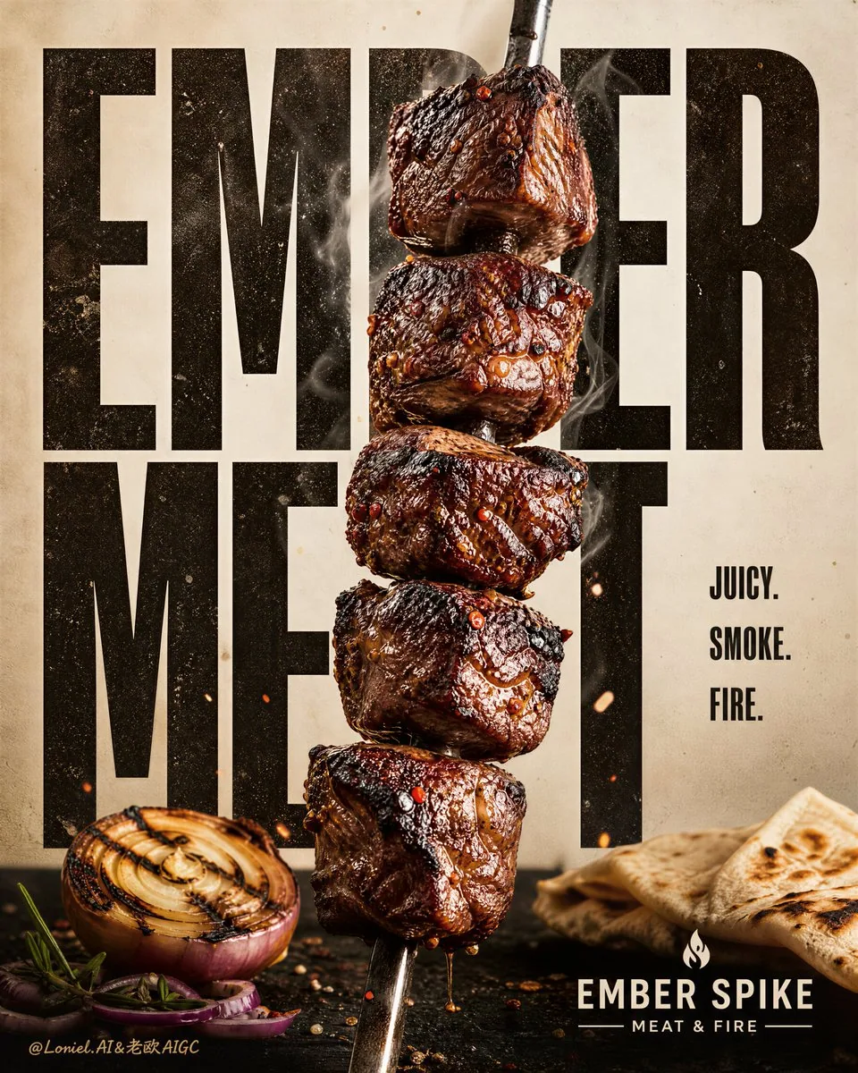 Create a premium street-grill advertising poster for a fictional gourmet barbecue brand called "EMBER SPIKE",… - AI提示词参考图，来自西西提示词