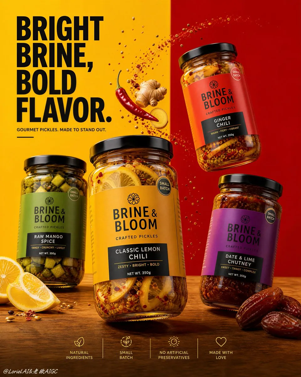 Create a flagship commercial advertising poster for a gourmet pickle brand named "BRINE & BLOOM", combining O… - AI提示词参考图，来自西西提示词
