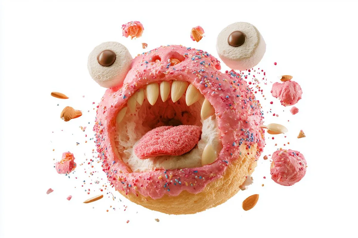 Ultra-realistic exploded view of a monster-shaped [Food], individual ingredients floating separately in their… - AI提示词参考图，来自西西提示词